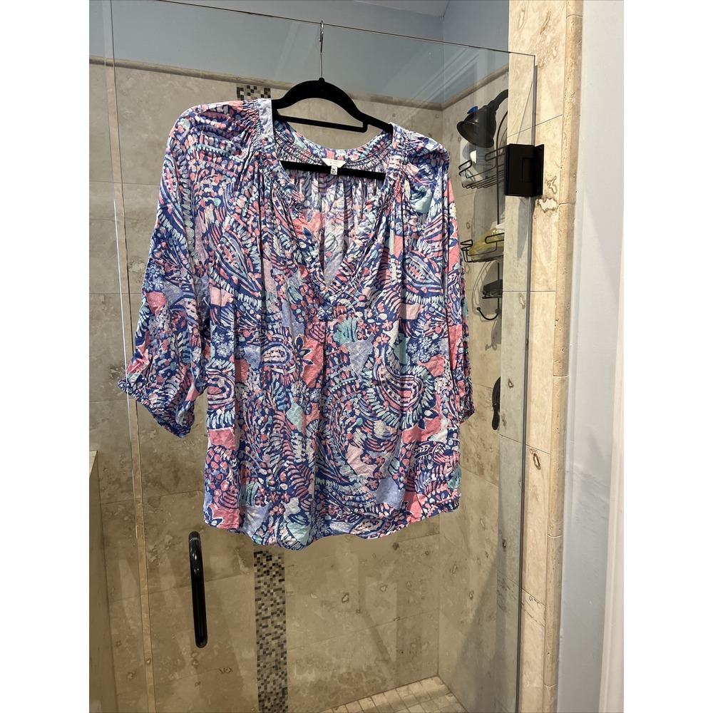 Crown and Ivy Sleeve 3/4 Texture Blouse Baby Blue White Pink 2x Flowy Boho
